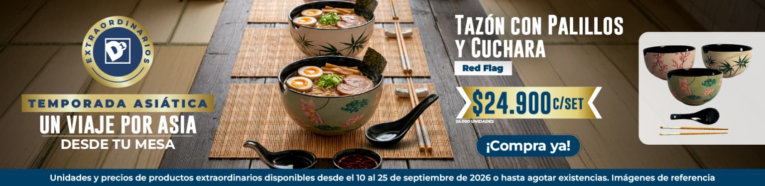 Temporada asiática: tazón con palillos y cuchara Red Flag a $24.900 el set.